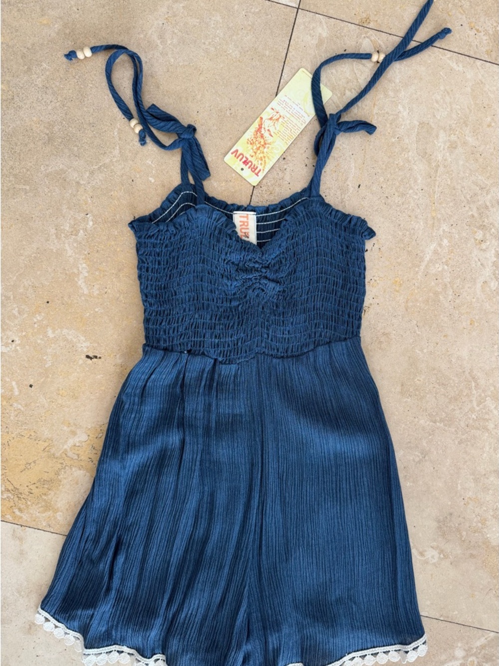 TRULY Navy Blue Girls One-Piece Romper with Lace Trim